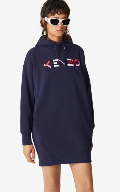 Kenzo Women Kenzo Logo Hooded Sweatshirt Dress Navy Blue